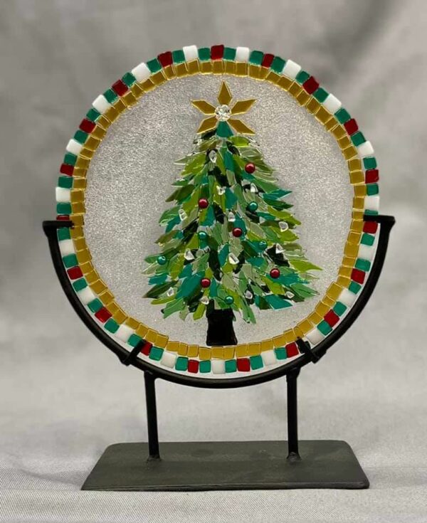 Christmas Tree Round fused glass art piece by Sizzle Glass Studio of Eagle Idaho