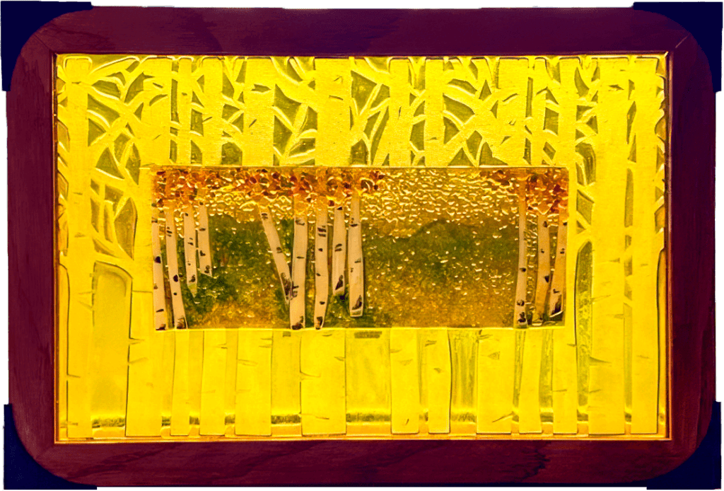 Amber Aspens fused glass art piece by Sizzle Glass Studio of Eagle Idaho