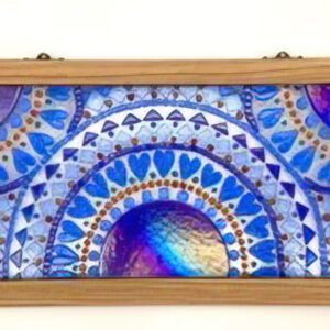 In love with blues fused glass window art piece by Sizzle Glass Studio of Eagle Idaho