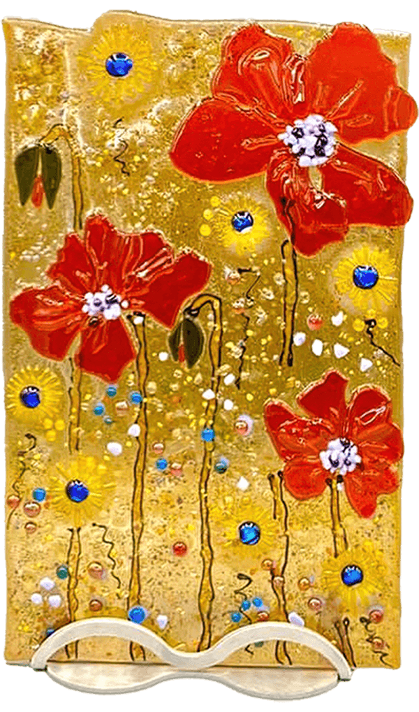 Red Poppies fused glass art piece by Sizzle Glass Studio of Eagle Idaho